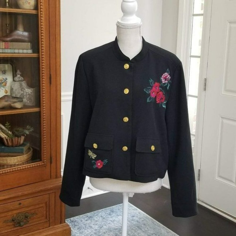 a new day Long Sleeve Jacket Gold Buttons Red Lining Floral Embroidery Size 16 - Picture 2 of 12
